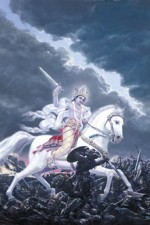 In Hindu mythology, Kalki is the final incarnation of Vishnu, foretold to appear at the end of Kali Yuga, our current epoch. The Puranas foretell that he will be atop a white horse with a drawn blazing sword. He is the harbinger of the end time in Hindu eschatology, after which he will usher in the Satya (Krita) Yuga.