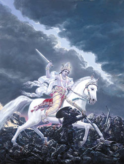 In Hindu mythology, Kalki is the final incarnation of Vishnu, foretold to appear at the end of Kali Yuga, our current epoch. The Puranas foretell that he will be atop a white horse with a drawn blazing sword. He is the harbinger of the end time in Hindu eschatology, after which he will usher in the Satya (Krita) Yuga.