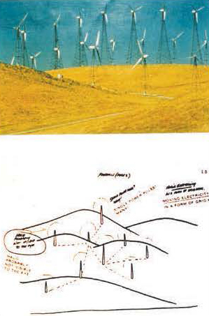 (Top) Remote viewing target site was Livermore Valley Foothills Windmill Farm. Below is sketch by Viewer a hundred miles away, showing poles, hills, “moving electricity in the form of a grid” and “halo probably not visible to the eye,” at the top of the poles. Remote Viewer: Joseph McMoneagle. Trial was carried out with Dr. Edwin C. May in 1987. Graphic courtesy of Russell Targ.